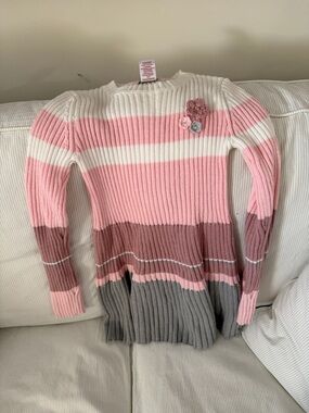 Striped Ribbed Knit Sweater with Floral Accent - Pink, White & Gray
